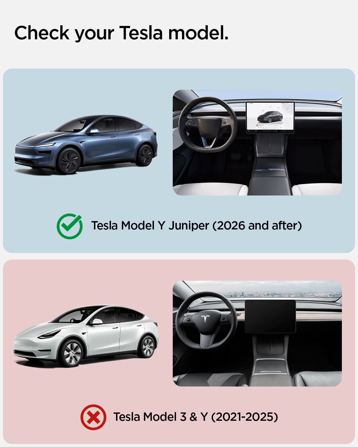 ACP10031 - Model Y (2026) Wireless Charging Pad Cover | TO261JH in Black showing the compatibility only with Tesla Model Y Juniper (2026 and after). Not compatible with Tesla Model 3 & Y (2021-2025)