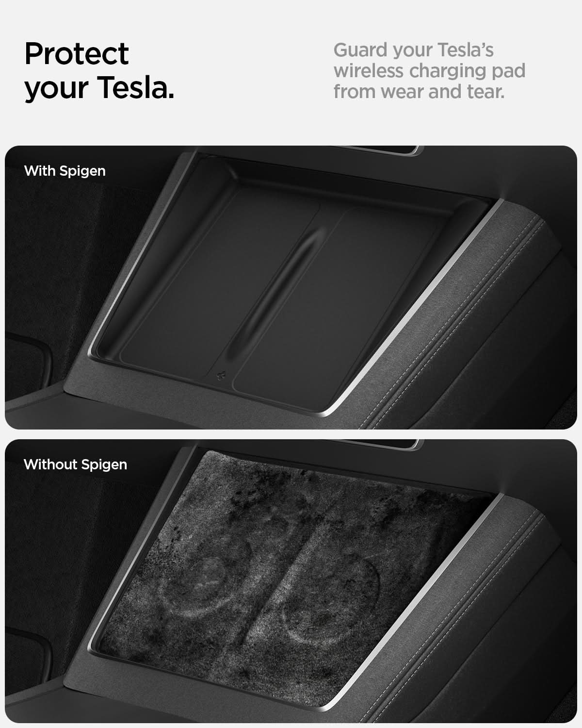 ACP10031 - Model Y (2026) Wireless Charging Pad Cover | TO261JH in Black showing the protect your Tesla. Guard your Tesla's wireless charging pad from wear and tear
