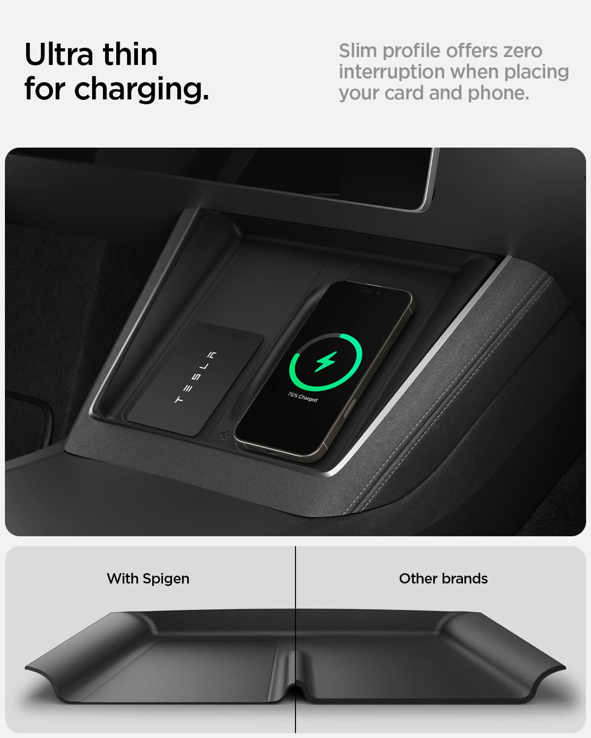 ACP10031 - Model Y (2026) Wireless Charging Pad Cover | TO261JH in Black showing the ultra thin for charging. Slim profile offers zero interruption when placing your card and phone