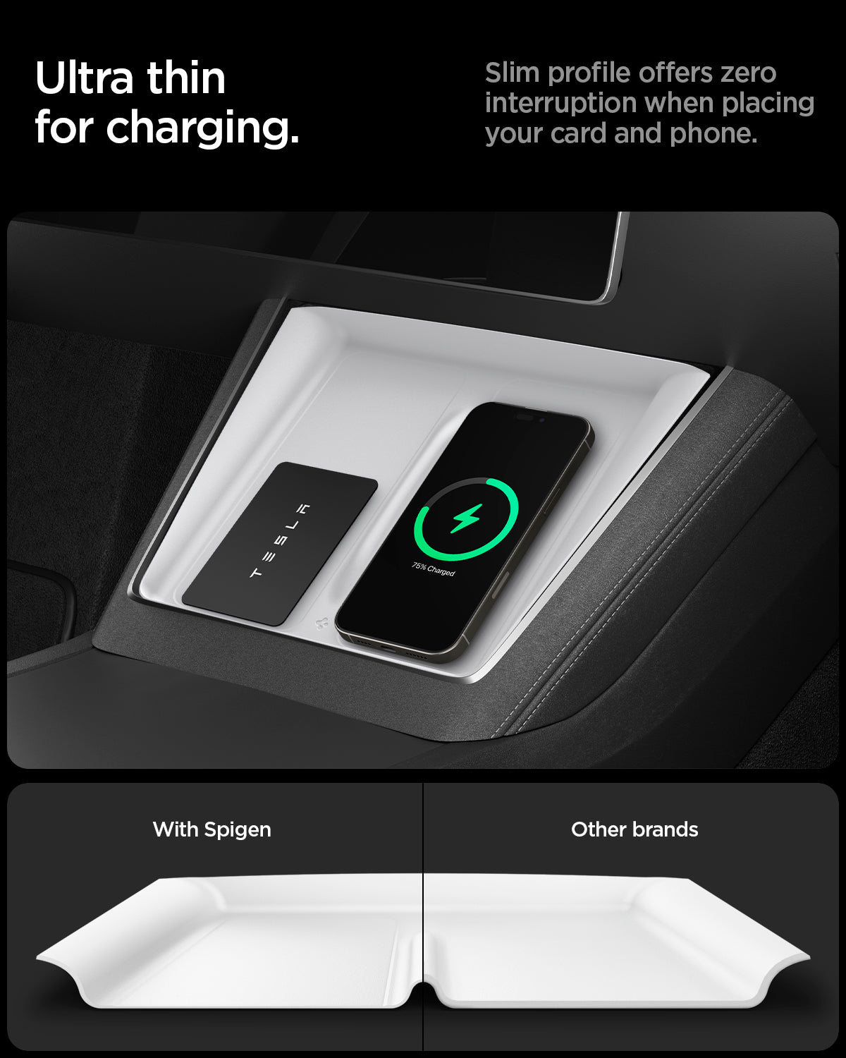 ACP10032 - Model Y (2026) Wireless Charging Pad Cover | TO261JH in White showing the ultra thin for charging. Slim profile offers zero interruption when placing your card and phone