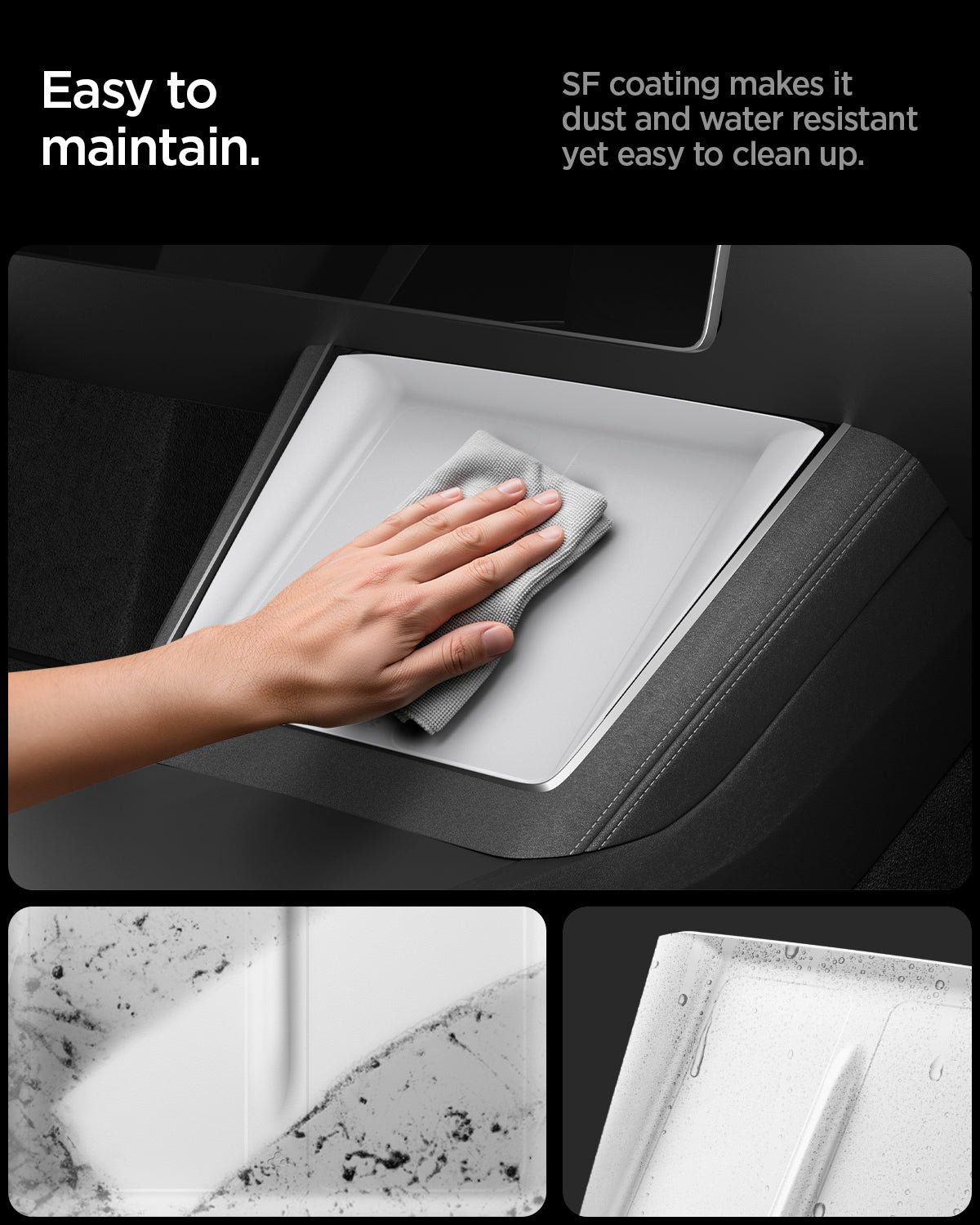 ACP10032 - Model Y (2026) Wireless Charging Pad Cover | TO261JH in White showing the easy to maintain. SF coating makes it dust and water resistant yet easy to clean up