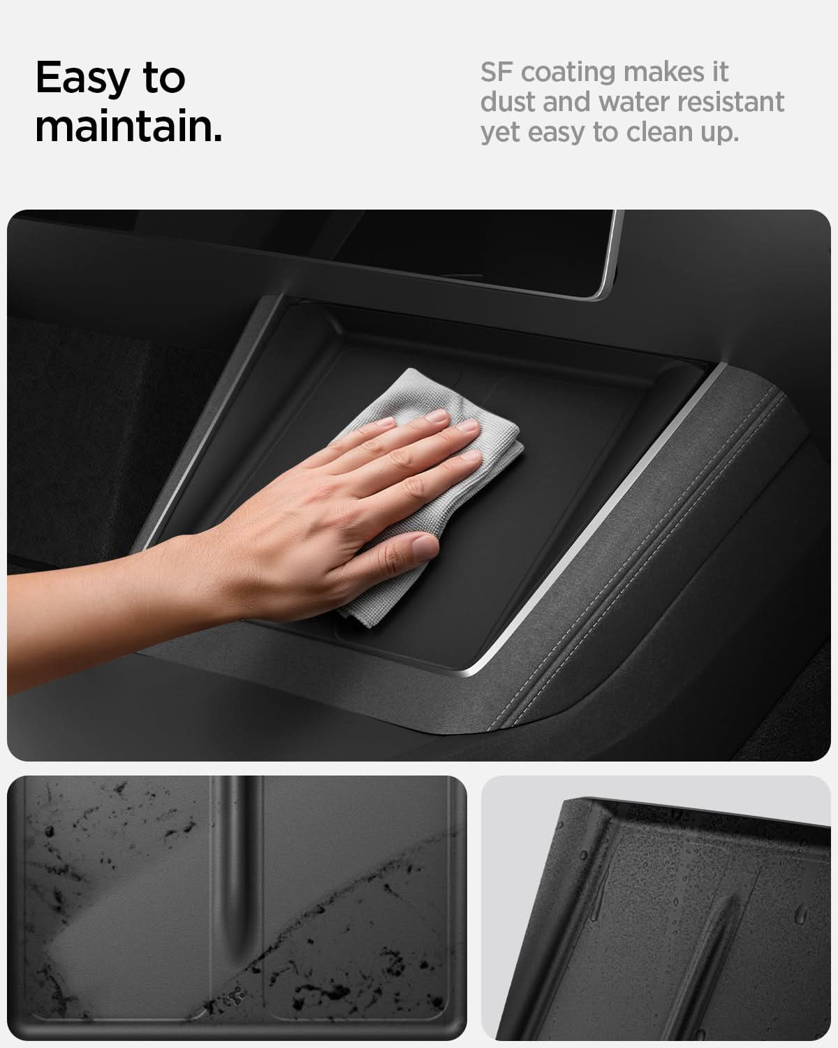 ACP10031 - Model Y (2026) Wireless Charging Pad Cover | TO261JH in Black showing the easy to maintain. SF coating makes it dust and water resistant yet easy to clean up
