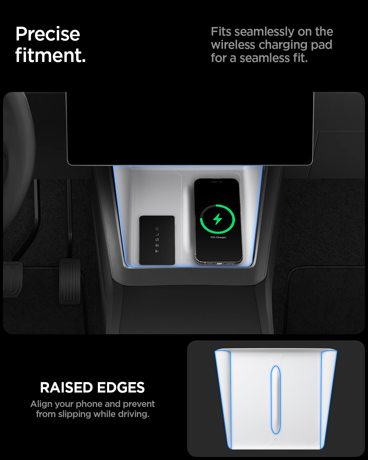 ACP10032 - Model Y (2026) Wireless Charging Pad Cover | TO261JH in White showing the precise fitment. Fits seamlessly on the wireless charging pad for a seamless fit. Raised edges. Align your phone and prevent from slipping while driving