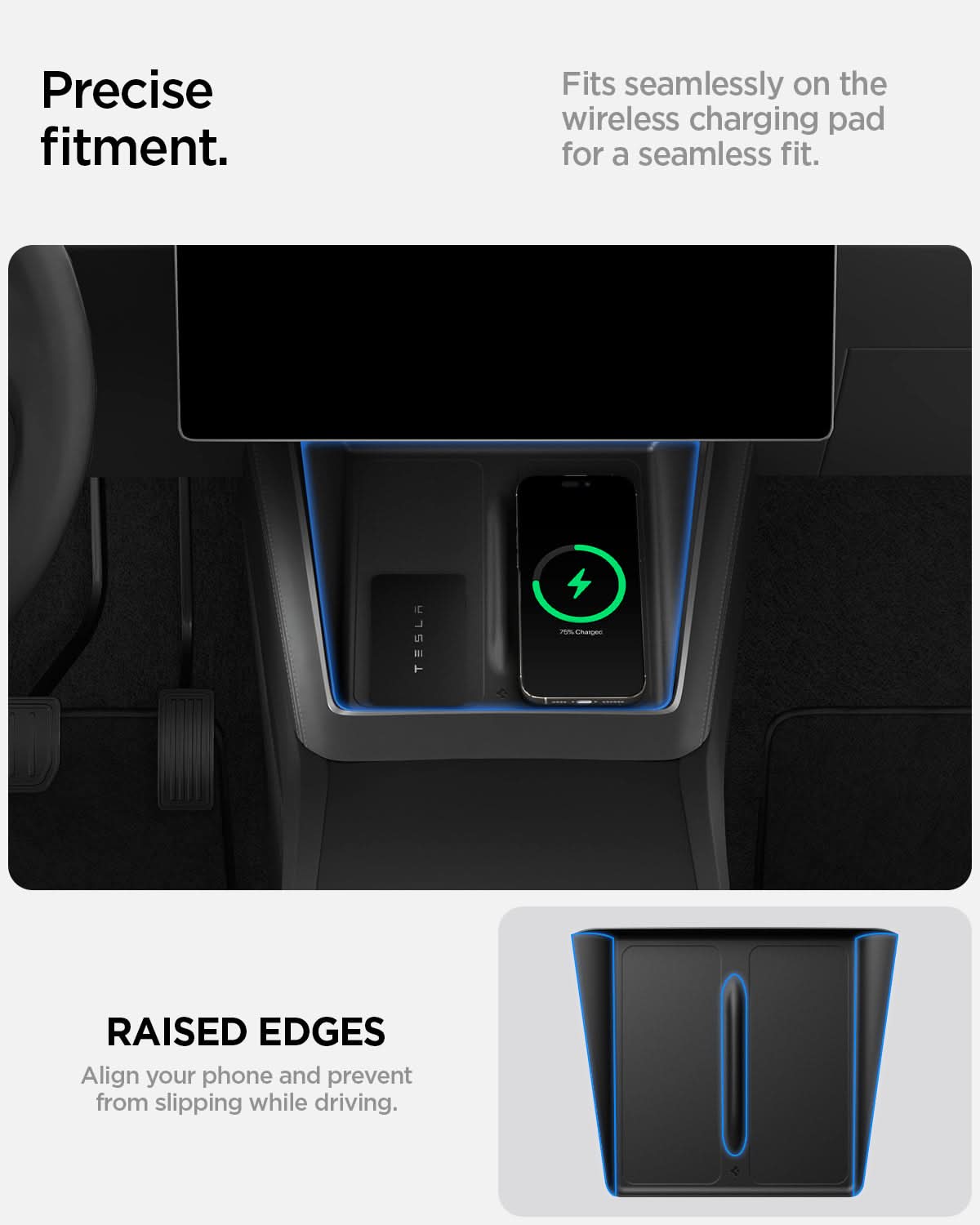 ACP10031 - Model Y (2026) Wireless Charging Pad Cover | TO261JH in Black showing the precise fitment. Fits seamlessly on the wireless charging pad for a seamless fit. Raised edges. Align your phone and prevent from slipping while driving