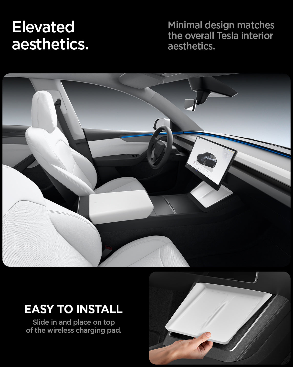 ACP10032 - Model Y (2026) Wireless Charging Pad Cover | TO261JH in White showing the elevated aesthetics. Minimal design matches the overall Tesla interior aesthetics. Easy to Install. Slide and place on top of the wireless charging pad
