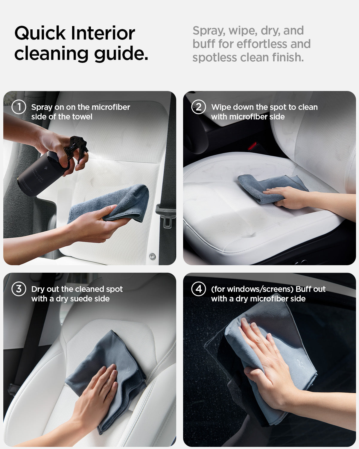 ACP08850 - Car Cleaning Kit | TO280 showing the quick interior cleaning guide. Spray, wipe, dry, and buff for effortless and spotless clean finish
