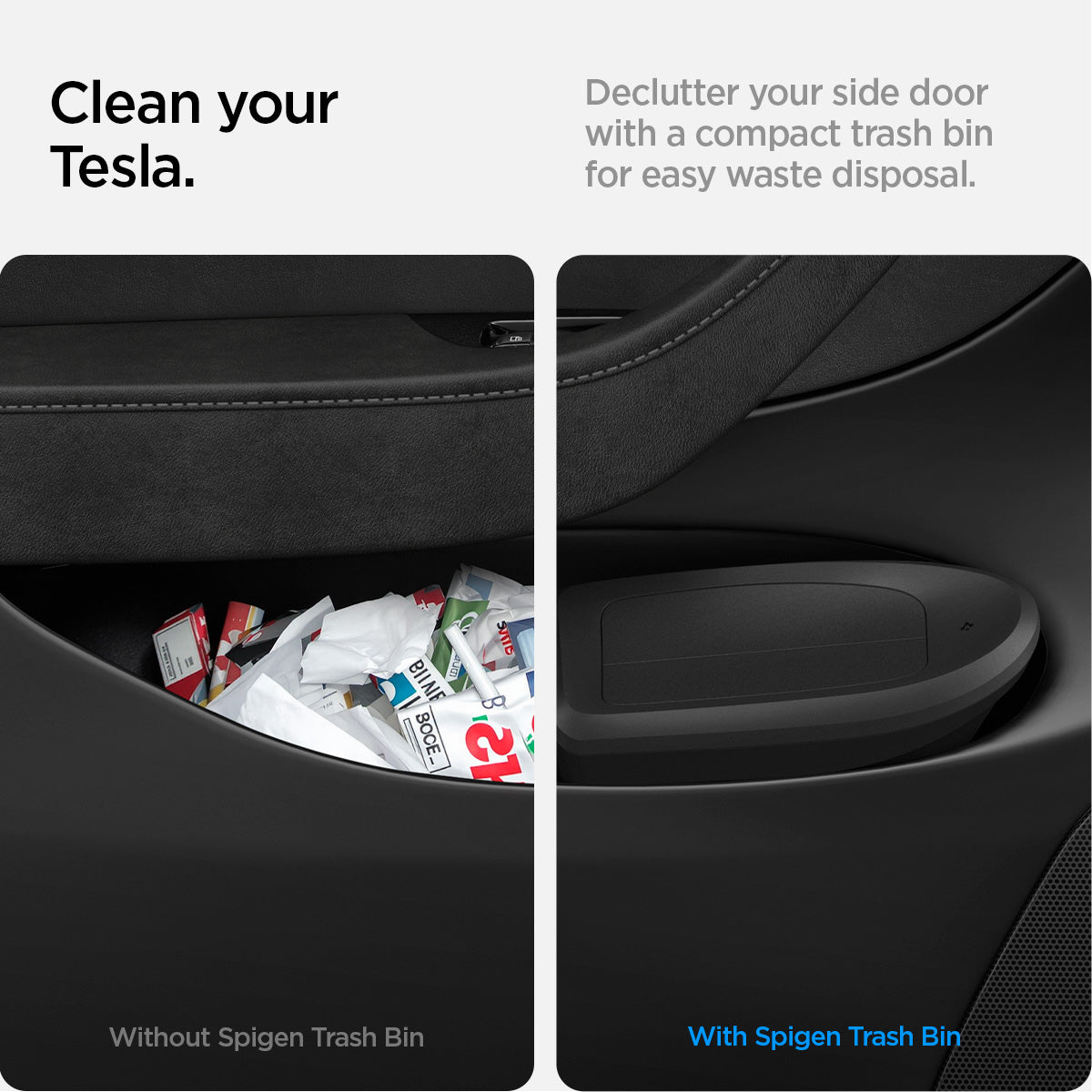 ACP09183 – Tesla Model Y Car Trash Bin in black clean your tesla. declutter your side door with a compact trach bin for easy waste disposal.