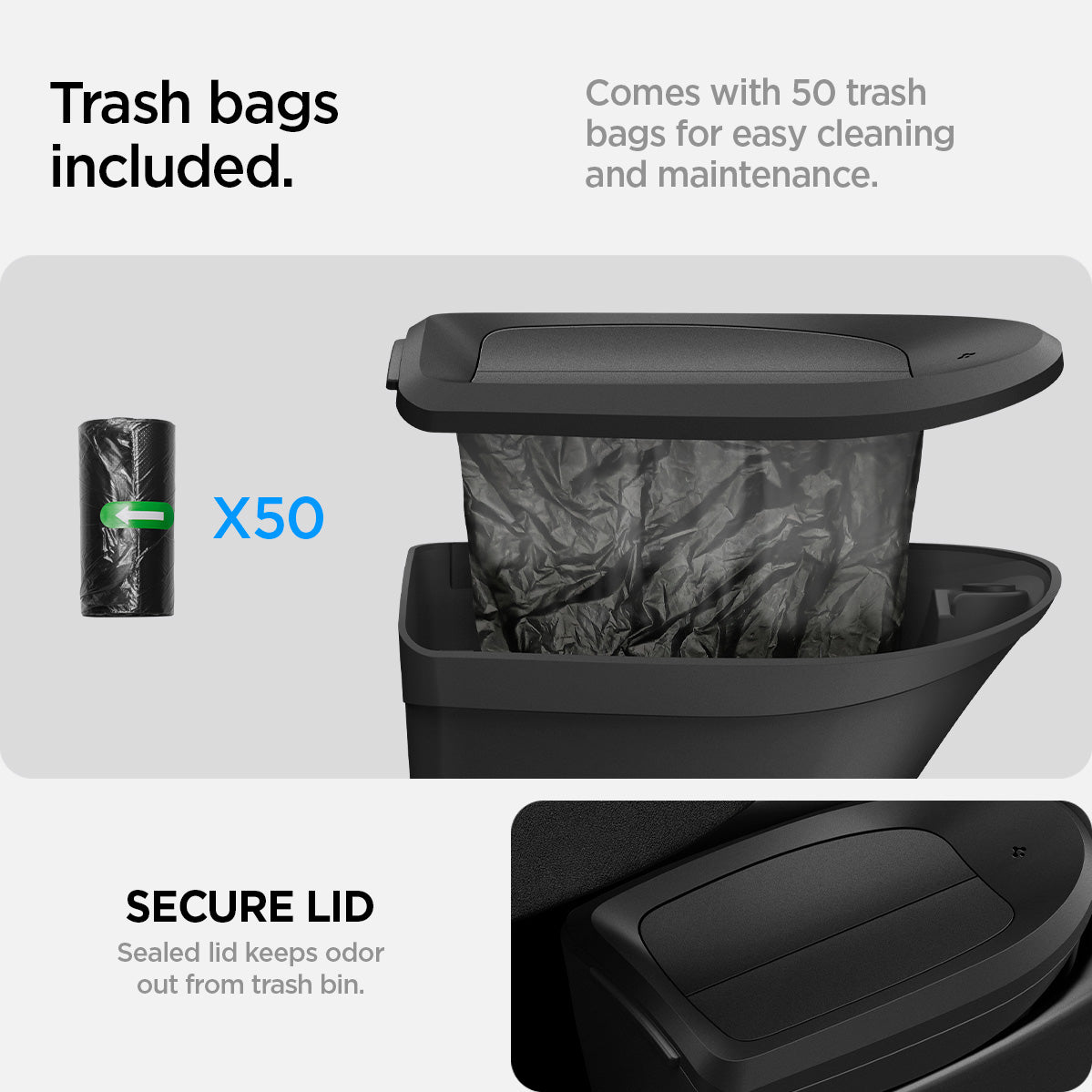 ACP09183 – Tesla Model Y Car Trash Bin in black trash bags included. Comes with 50 trash bags for easy cleaning and maintenance. secure lid. sealed lid keeps odor our from trash bin.