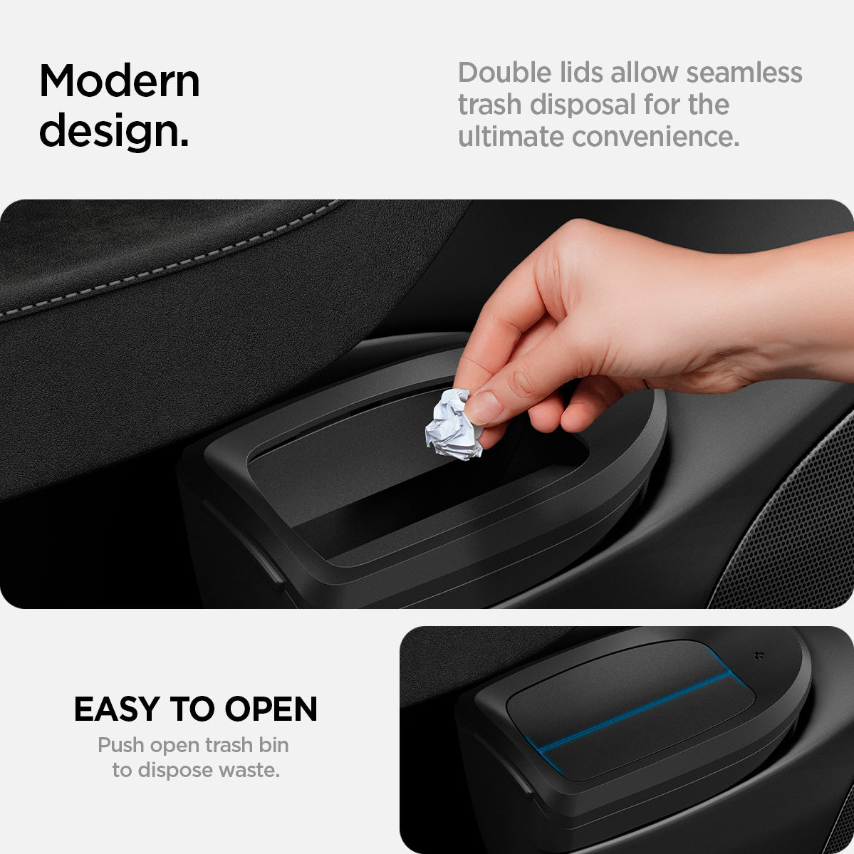 ACP09183 – Tesla Model Y Car Trash Bin in black modern design. double lids allow seamless trash disposal for the ultimate convenience. easy to open push open trash bin to dispose waste.