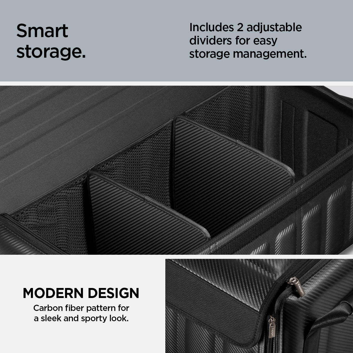 ACP08855 - Trunk Organizer TSO100 in Black showing the smart storage, includes 2 adjustable dividers for easy storage management with modern design, carbon fiber patter for a sleek and sporty look