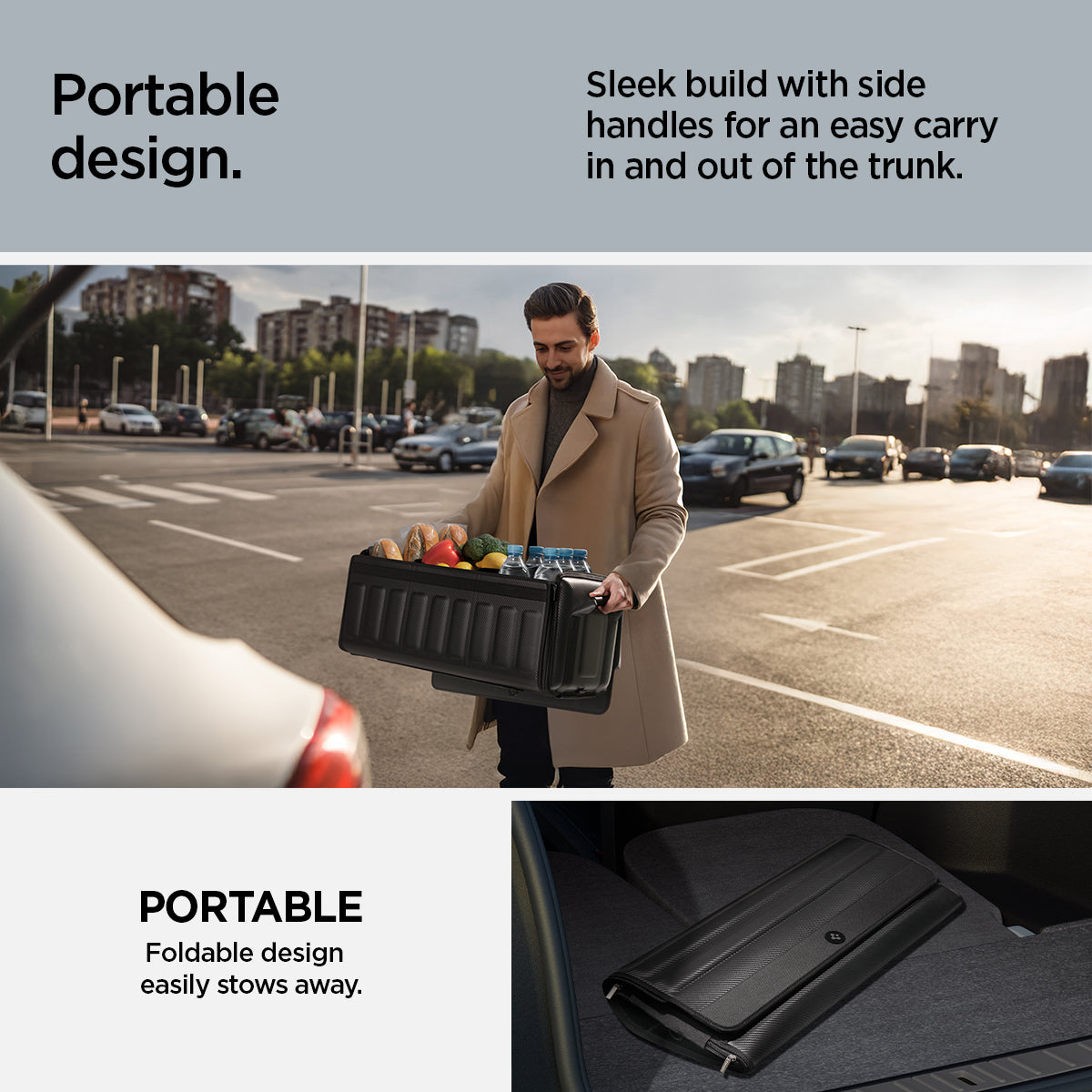 ACP08855 - Trunk Organizer TSO100 in Black showing the portable design, sleek build with side handles for an easy carry in and out of the trunk, portable, foldable design easily stows away
