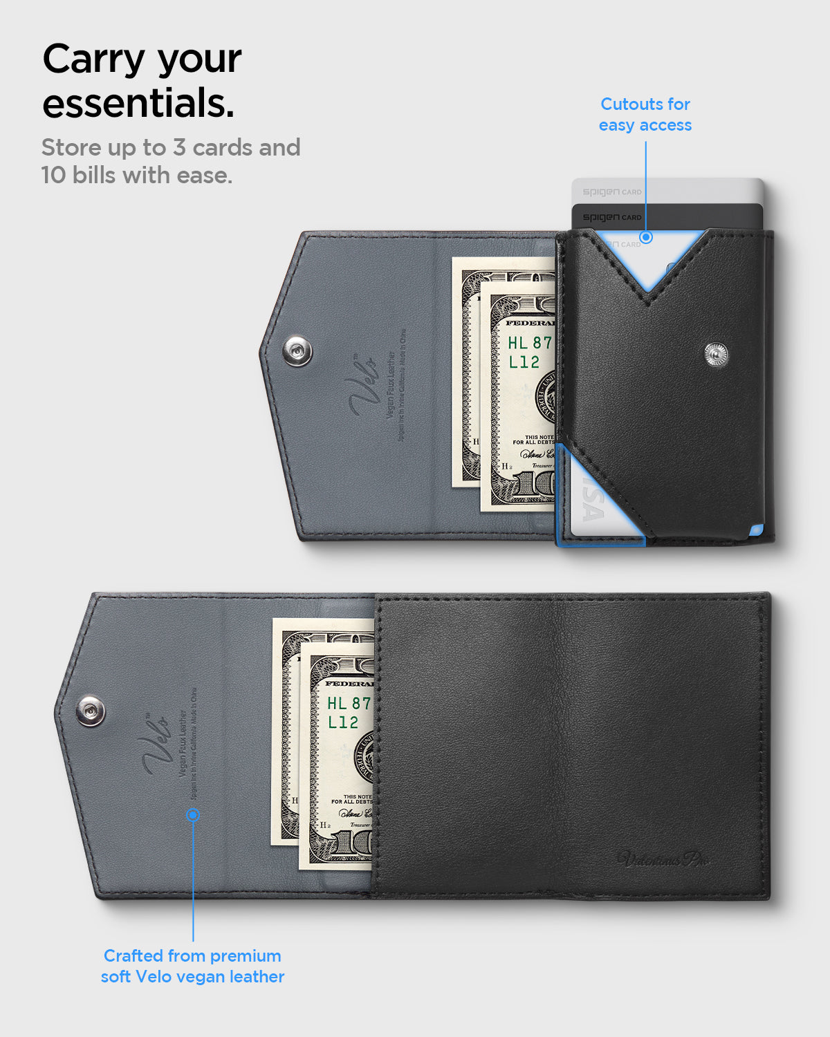 AFA09442 - MagSafe Card Holder Valentinus Pro | 3 Cards in Black showing storing up to 3 cards and 10 bills with ease. Cutouts for easy access. Crafted from premium soft Velo vegan leather