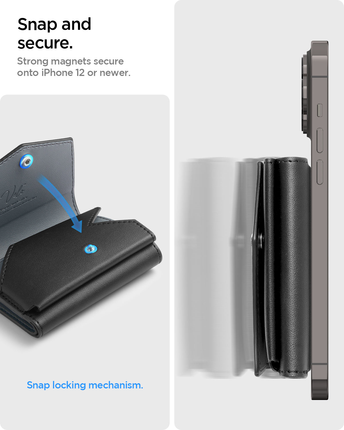 AFA09442 - MagSafe Card Holder Valentinus Pro | 3 Cards in Black showing the strong magnets secure onto iPhone 12 or newer. Snap and secure with snap locking mechanism