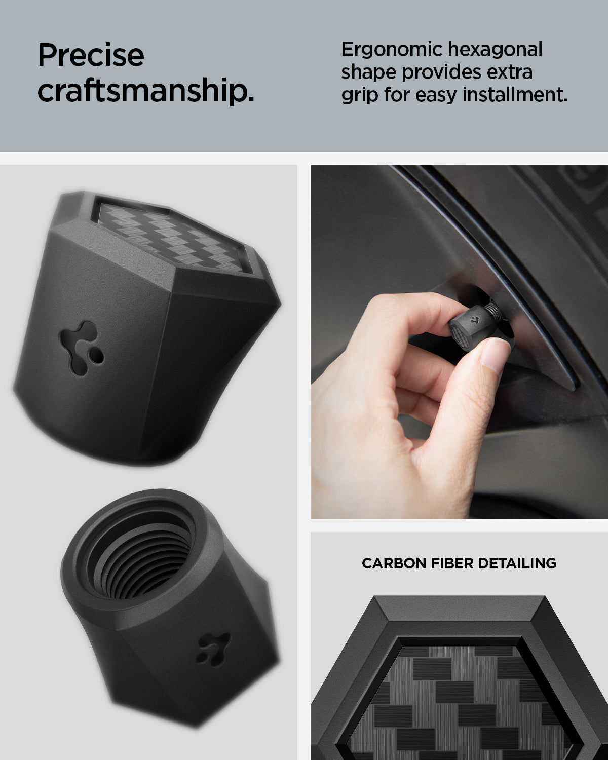 ACP09331 - Tesla Series Valve Stem Cover VS100 showing precise craftmanship. Ergonomic hexagonal shape provides extra grip for easy installment. Carbon fiber detailing