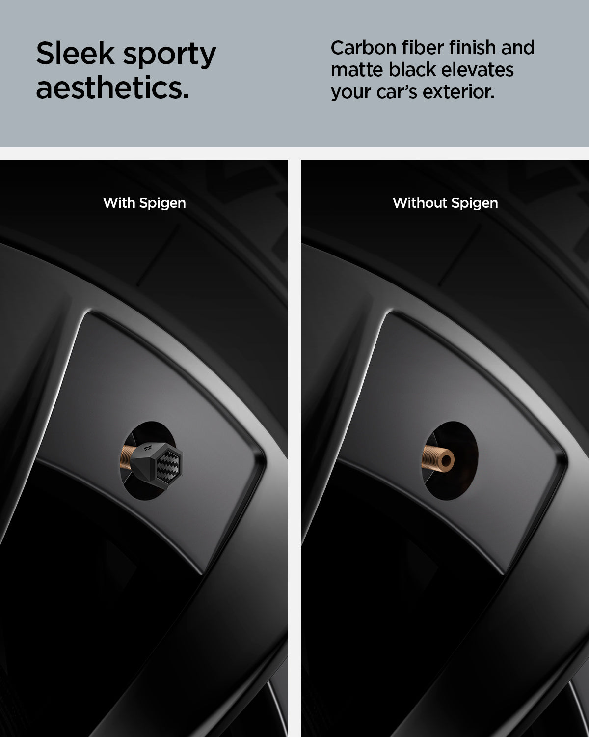 ACP09331 - Tesla Series Valve Stem Cover VS100 showing sleek sporty aesthetics. carbon fiber finish and matte black elevates your car's exterior