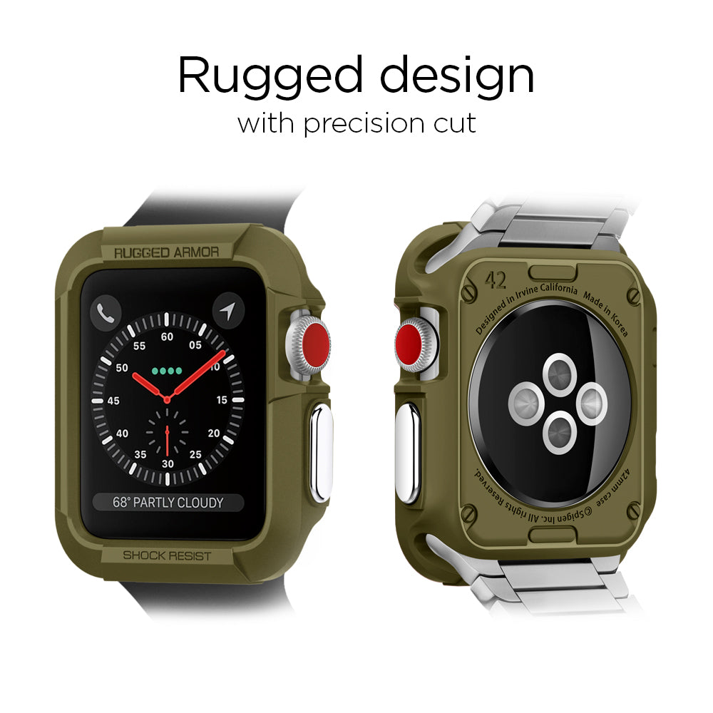 059CS26012 - Apple Watch Series (Apple Watch (42mm)) Case Rugged Armor in olive green design with precision cut. The front and back of the watch show the actual case being worn.