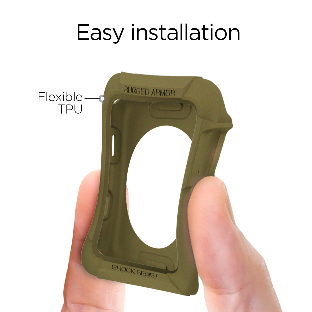 059CS26012 - Apple Watch Series (Apple Watch (42mm)) Case Rugged Armor in olive green has easy installation. Demonstrate the flexibility TPU of the case by pressing it with two fingers.