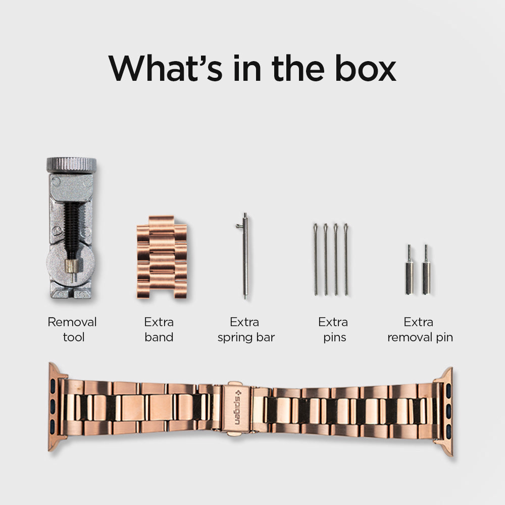 061MP25944 - Apple Watch Series (Apple Watch (41mm)/Apple Watch (38mm)) Watch Band Modern Fit in rose gold what's in the box. It has removal tool, extra band, extra spring bar, extra pins, extra removal pin