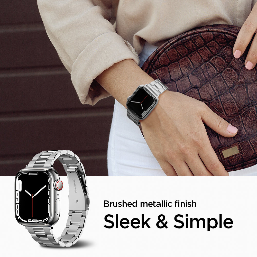 061MP25943 - Apple Watch Series (Apple Watch (41mm)/Apple Watch (38mm)) Watch Band Modern Fit in silver sleek and simple matte brushed metallic finish.