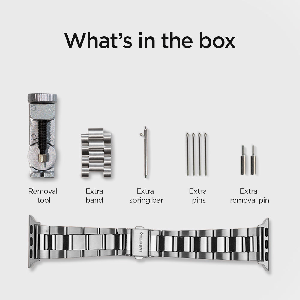 061MP25943 - Apple Watch Series (Apple Watch (41mm)/Apple Watch (38mm)) Watch Band Modern Fit in silver what's in the box. It has removal tool, extra band, extra spring bar, extra pins, extra removal pin