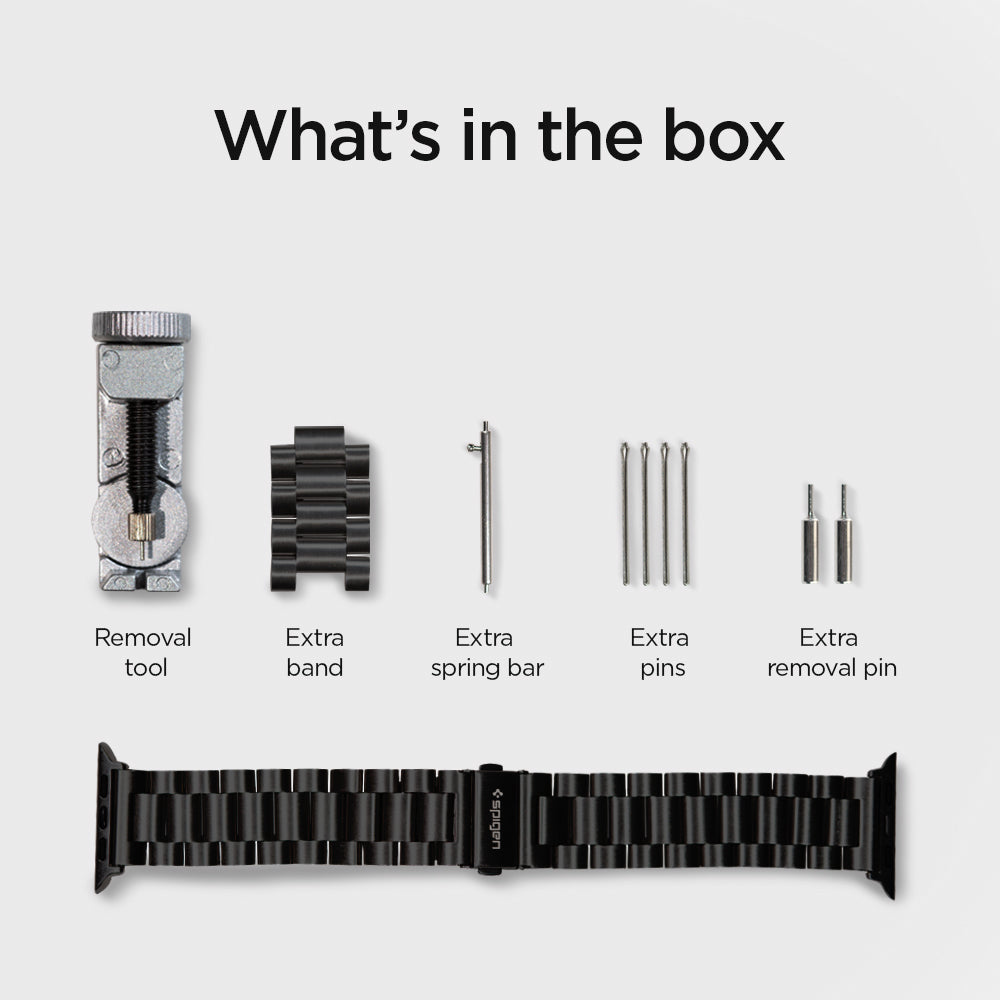 062MP25403 - Apple Watch Series (Apple Watch (49mm)/Apple Watch (45mm)/Apple Watch (42mm)) Watch Band Modern Fit in black what's in the box. It has removal tool, extra band, extra spring bar, extra pins, extra removal pin