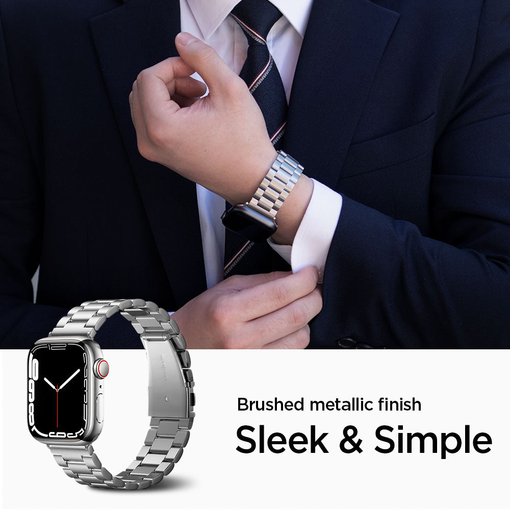 062MP25404 - Apple Watch Series (Apple Watch (49mm)/Apple Watch (45mm)/Apple Watch (42mm)) Watch Band Modern Fit in silver sleek and simple matte metallic finish.