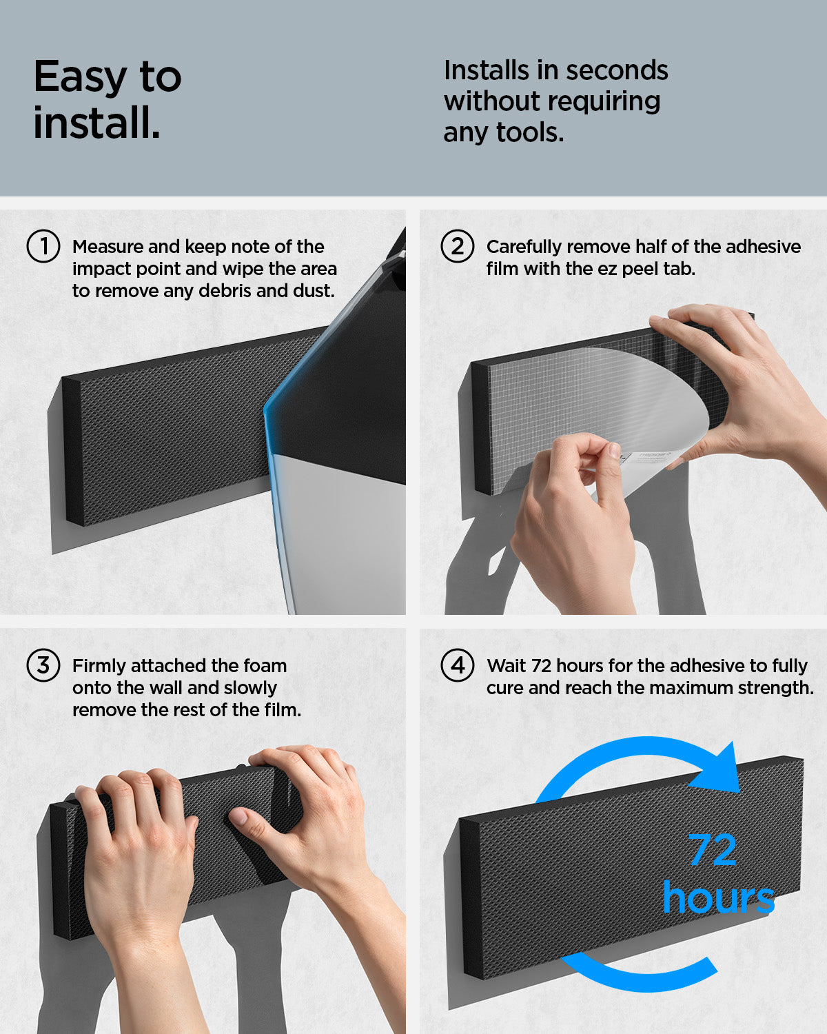 ACP10400 - Garage Wall Protector | WP100 showing the easy to install. Installs in seconds without requiring any tools by following the 4 easy steps
