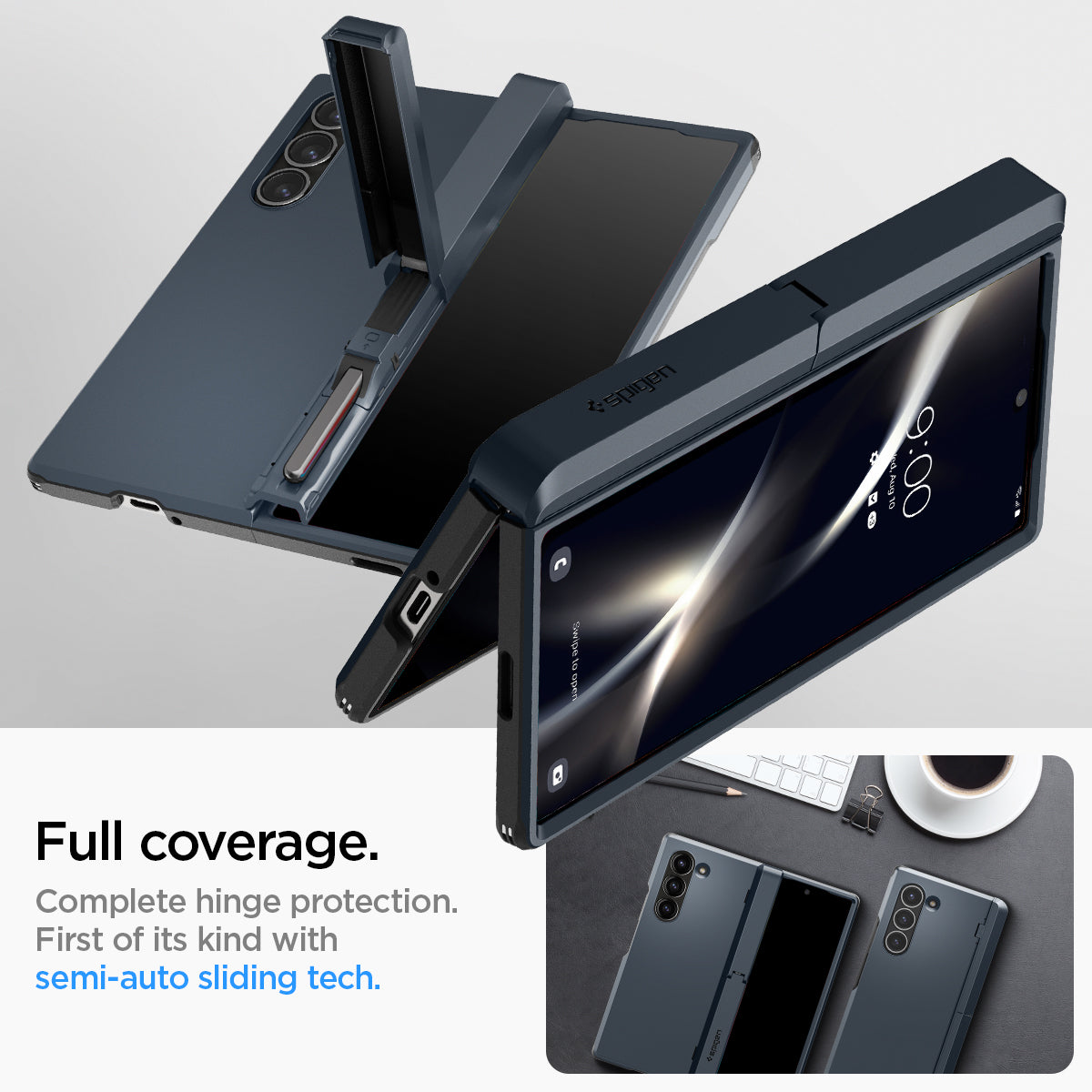 ACS08287 - Galaxy Z Fold 6 Case Tough Armor Pro P in Metal Slate showing the full coverage. Complete hinge protection. First of its kind with semi-auto sliding tech