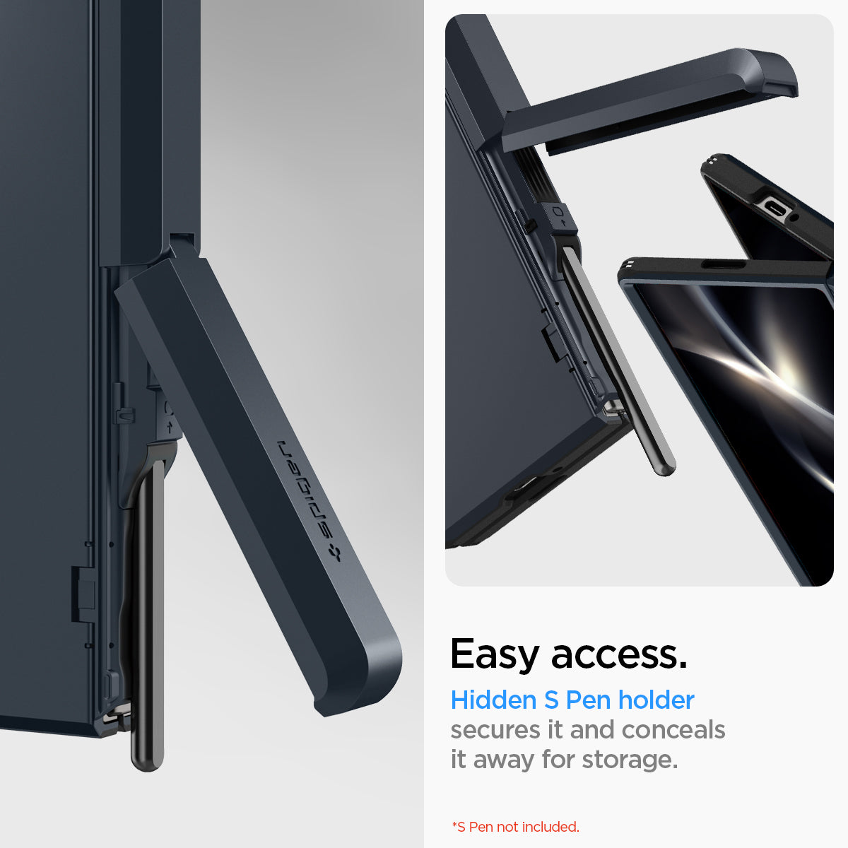 ACS08287 - Galaxy Z Fold 6 Case Tough Armor Pro P in Metal Slate showing the easy access. hidden S Pen holder secures it and conceals it away for storage