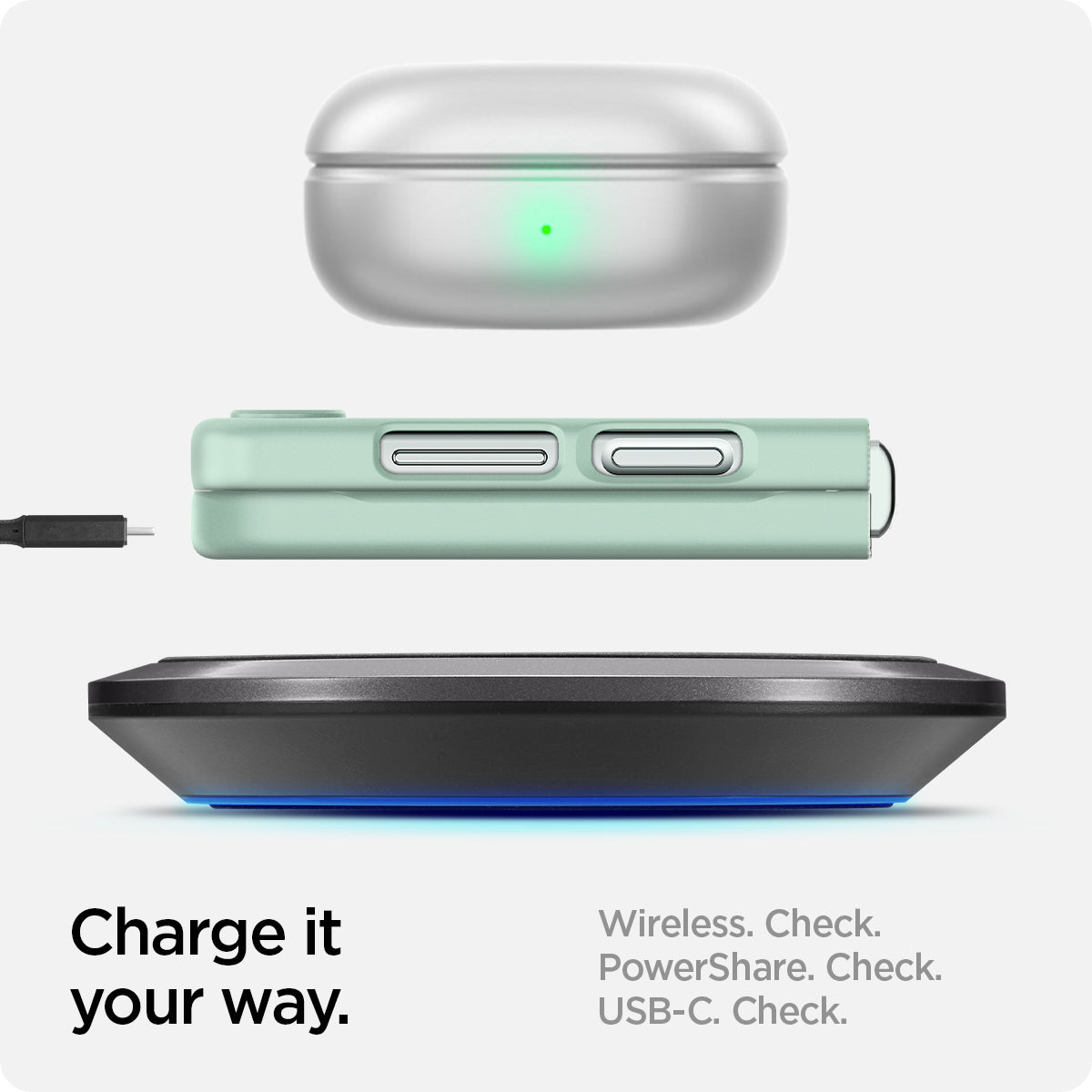 ACS06871 - Galaxy Z Flip 5 Case Air Skin in apple mint showing the charge it your way. Wireless, PowerShare and USB-C all check