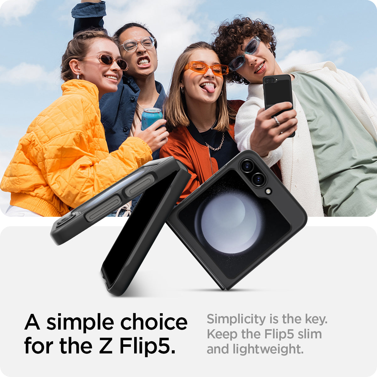 ACS06229 - Galaxy Z Flip 5 Case AirSkin in black showing the simple choice for the Z Flip 5. Simplicity is the key. Keep the Flip 5 slim and lightweight
