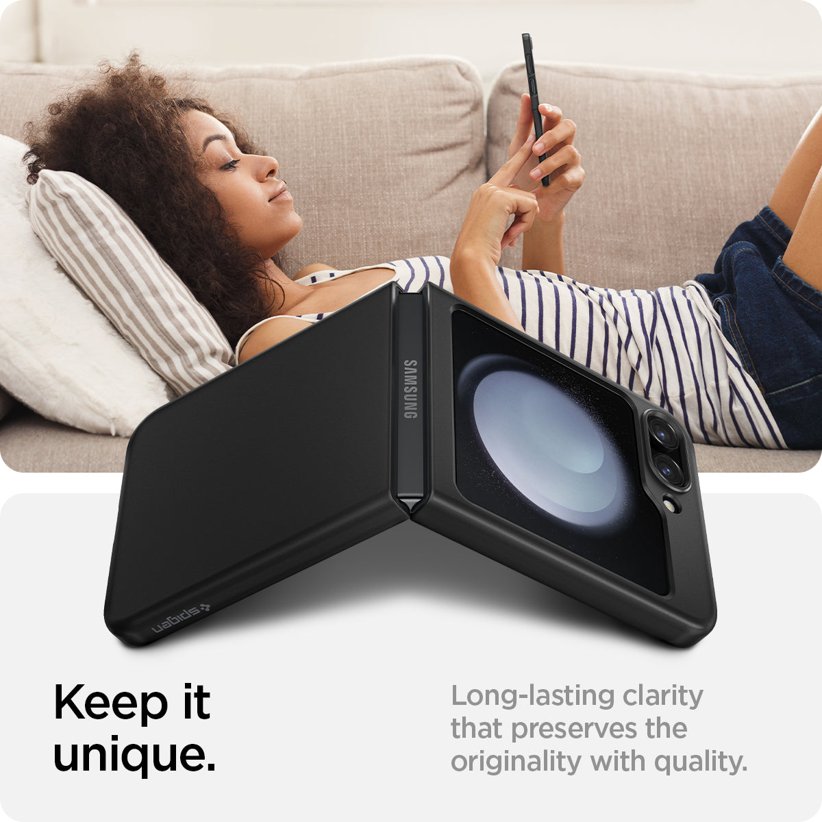 ACS06229 - Galaxy Z Flip 5 Case AirSkin in black showing the long-lasting clarity that preserves the originality with quality