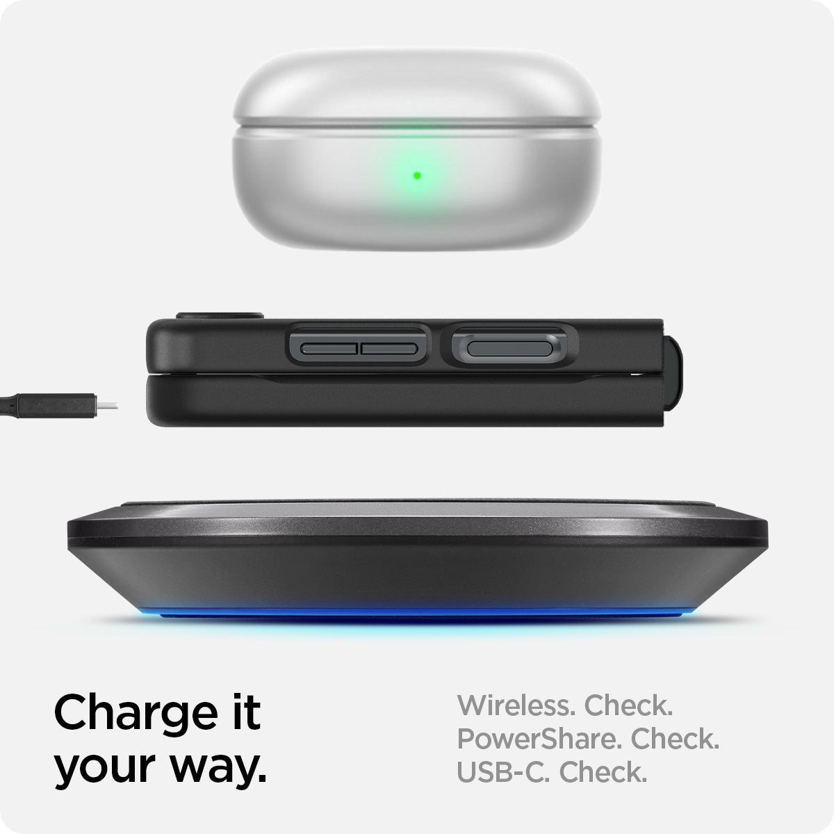 ACS06229 - Galaxy Z Flip 5 Case AirSkin in black showing the charge it your way. Wireless, PowerShare and USB-C all check