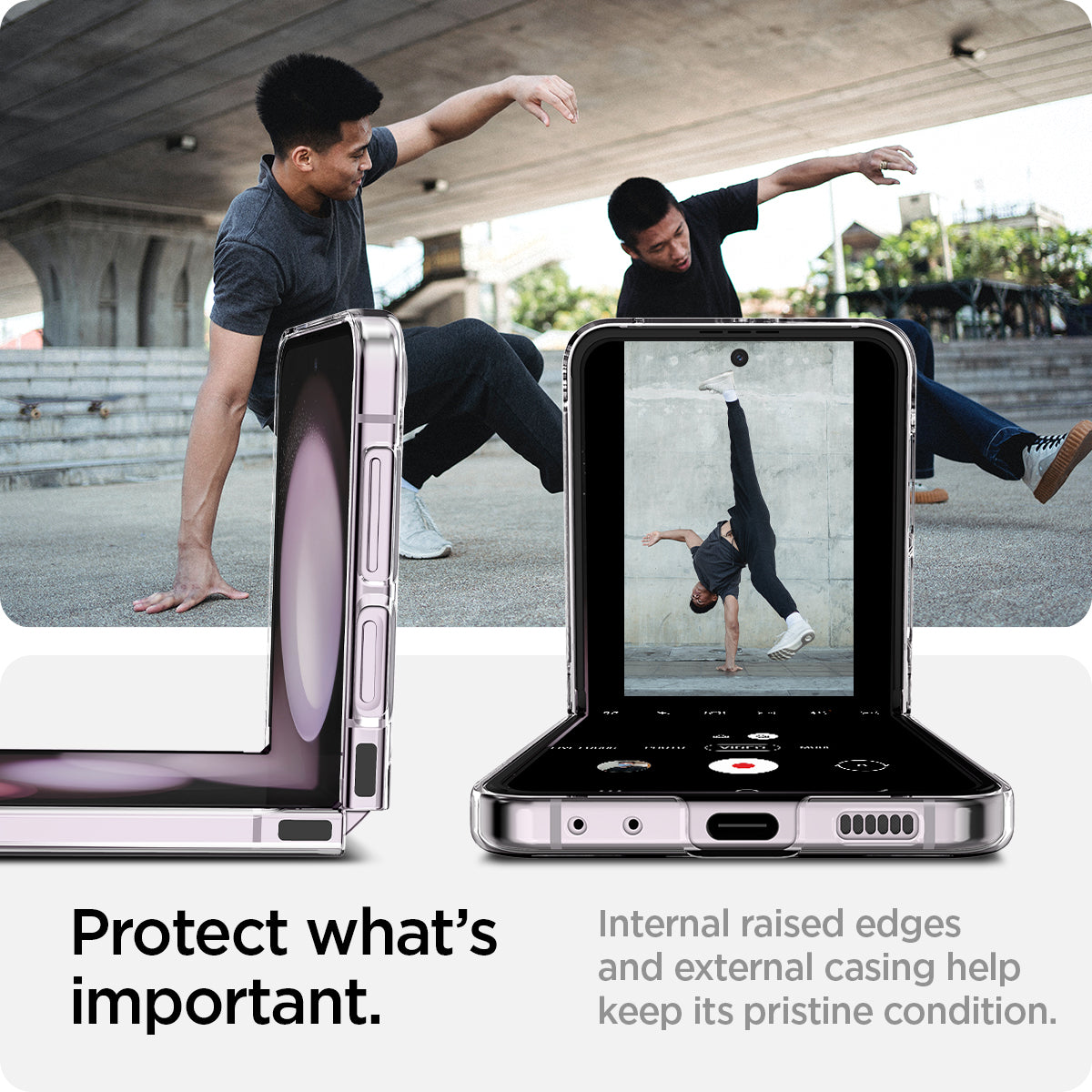 ACS06230 - Galaxy Z Flip 5 Case AirSkin in crystal clear showing protect what's important. Internal raised edges and external casing help keep its pristine condition