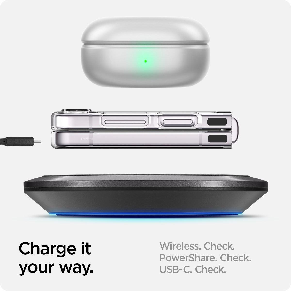 ACS06230 - Galaxy Z Flip 5 Case AirSkin in crystal clear showing the charge it your way. Wireless, PowerShare and USB-C all check