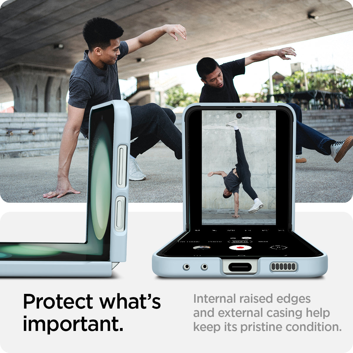 ACS06233 - Galaxy Z Flip 5 Case AirSkin in mute blue showing what's important. Internal raised edges and external casing help keep its pristine condition