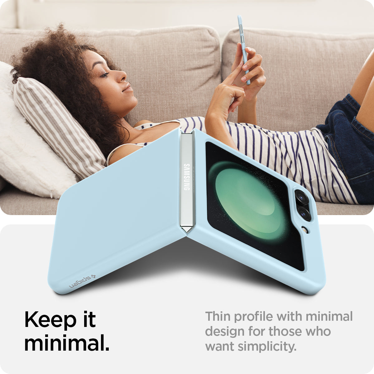ACS06233 - Galaxy Z Flip 5 Case AirSkin in mute blue showing the long-lasting clarity that preserves the originality with quality