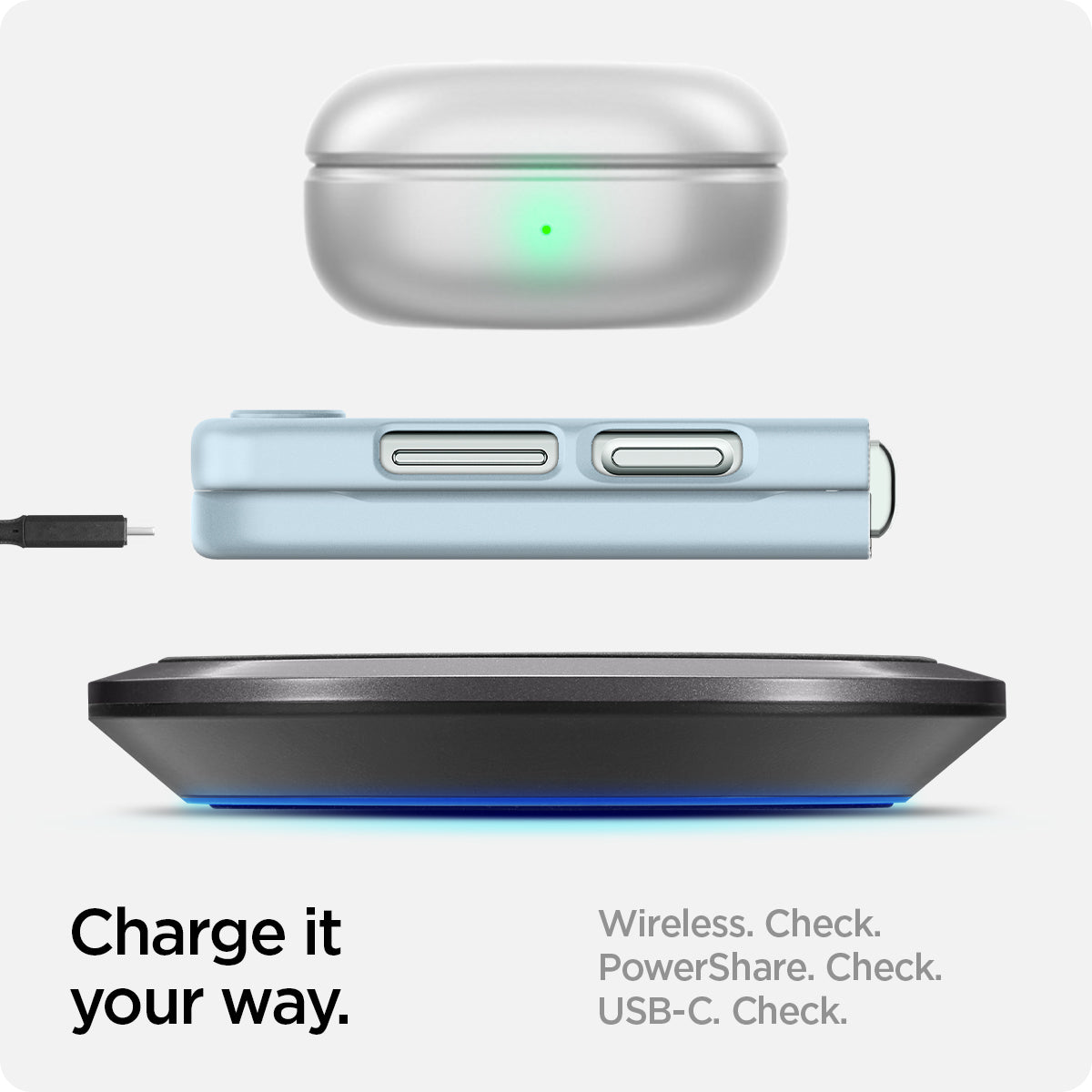 ACS06233 - Galaxy Z Flip 5 Case AirSkin in mute blue showing the charge it your way. Wireless, PowerShare and USB-C all check