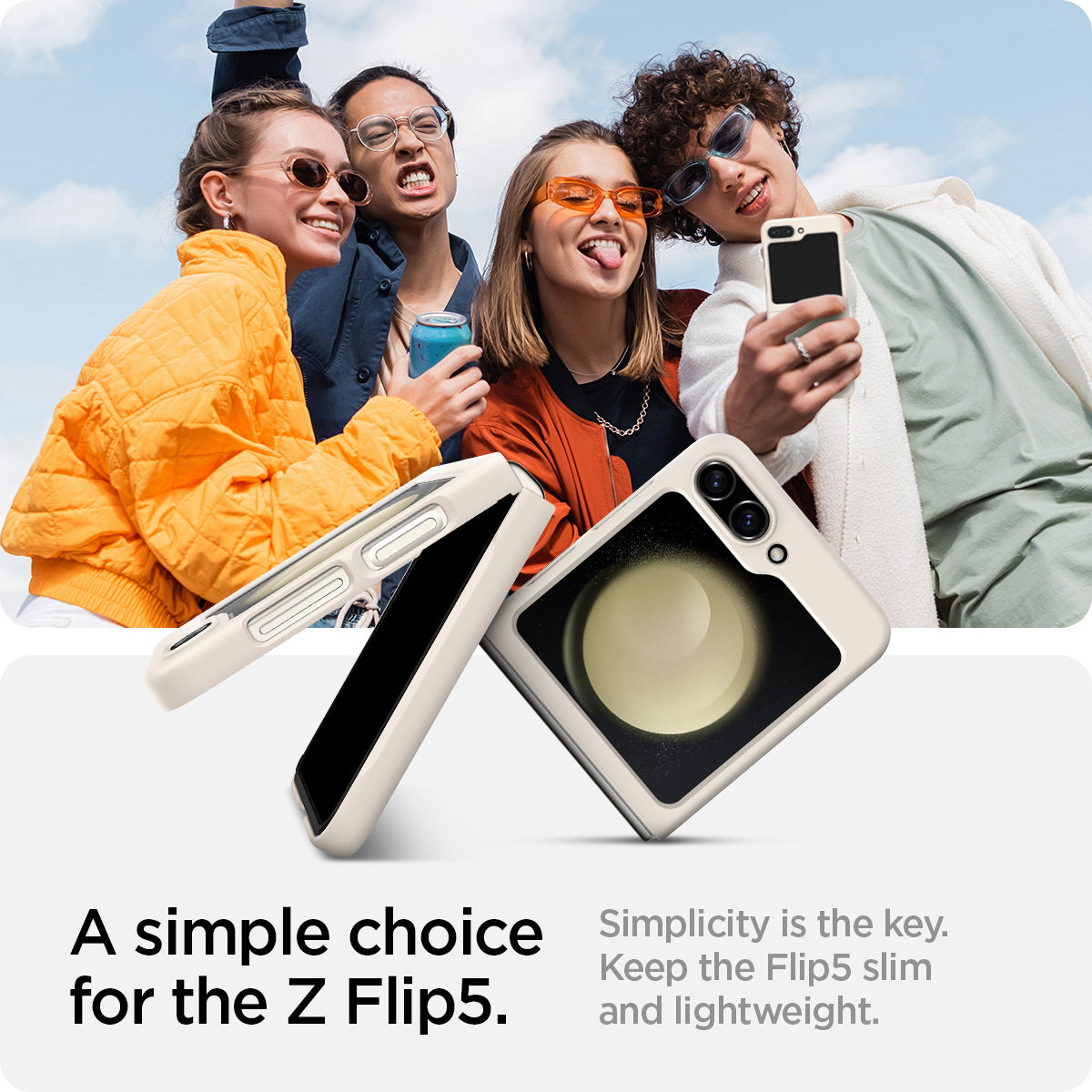 ACS06231 - Galaxy Z Flip 5 Case AirSkin in pearled ivory showing the simple choice for the Z Flip 5. Simplicity is the key. Keep the Flip 5 slim and lightweight