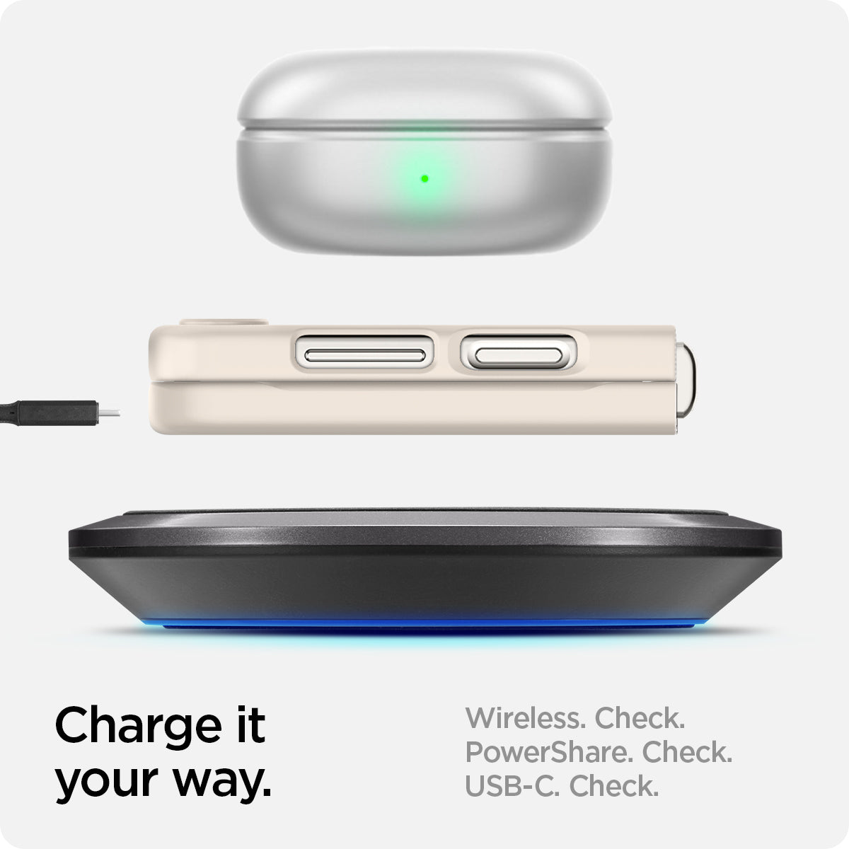 ACS06231 - Galaxy Z Flip 5 Case AirSkin in pearled ivory showing the charge it your way. Wireless, PowerShare and USB-C all check