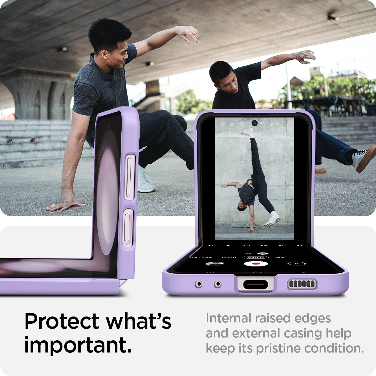 ACS06232 - Galaxy Z Flip 5 Case AirSkin in rose purple showing what's important. Internal raised edges and external casing help keep its pristine condition