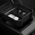 ACP07809 - Tesla Cybertruck Center Console Organizer Tray CO220T in Black showing the partial inner with stuffs stored in side hovering above the center console