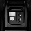 ACP07809 - Tesla Cybertruck Center Console Organizer Tray CO220T in Black showing the top, exposing the inner with multiple stuffs stored inside installed to a center console