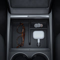 ACP07407 - Model 3 (2024-2025) Highland | Model Y (2025) Refresh Center Console Organizer Upper Tray Non Slide | TO220H showing the inner with multiple items inside