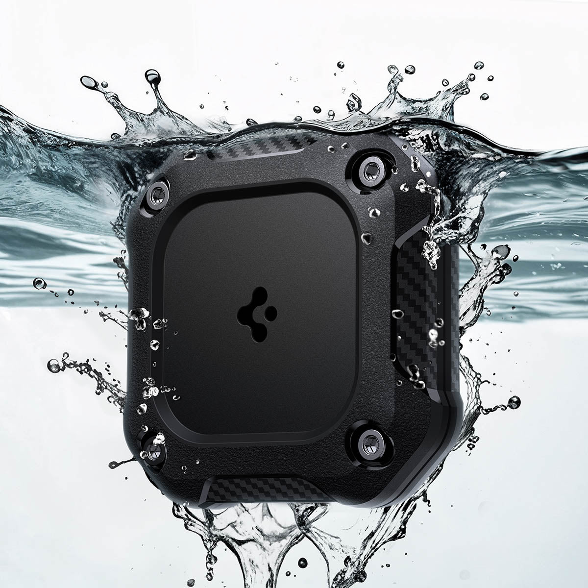 ACS09781 - 1 Pack Apple AirTag Tough Armor IP in Black showing the front submerged in water