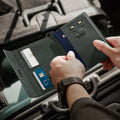 AFA08347 - Passport Holder in military green showing the whole inner with slots for cards, passport, sim cards and pin ejector