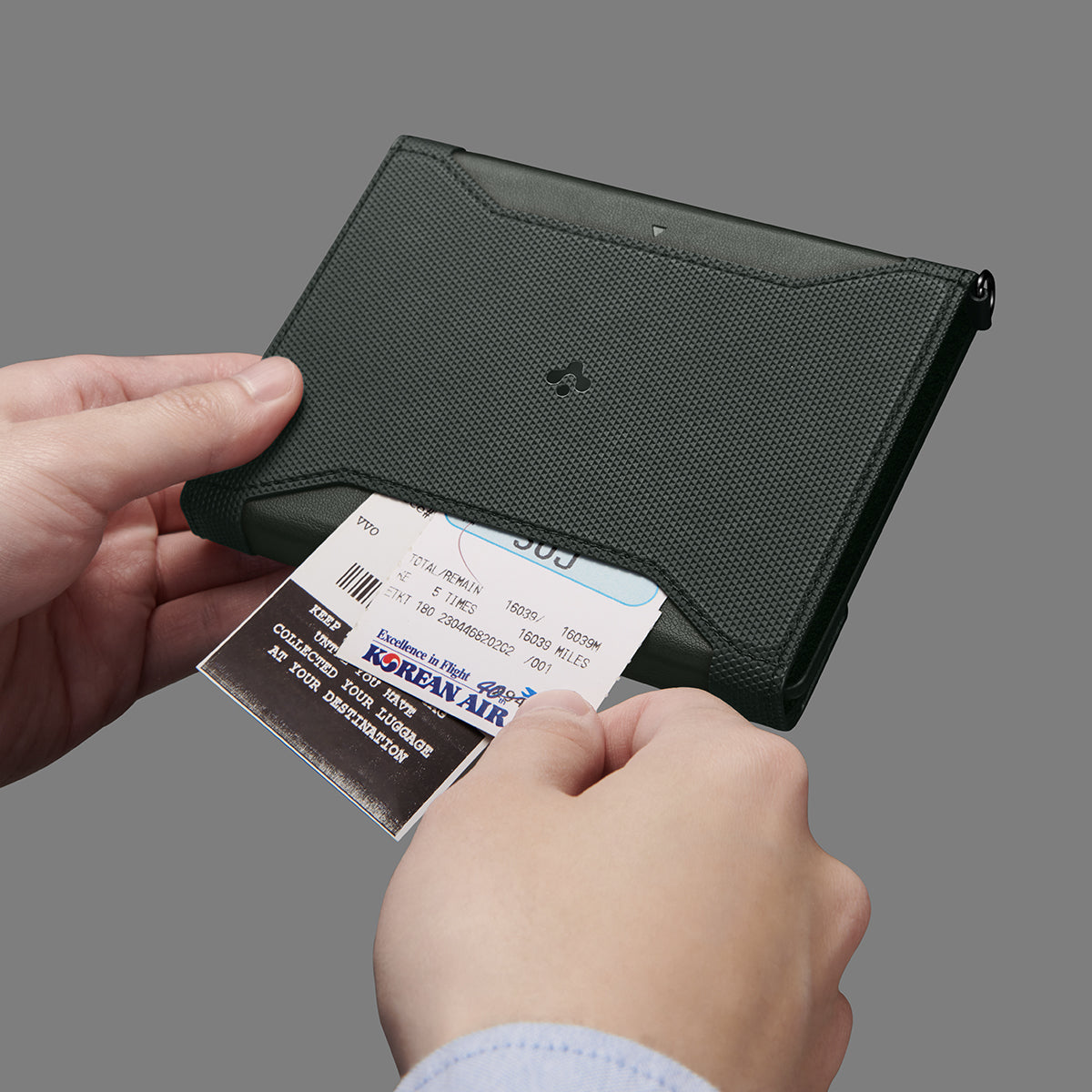 AFA08347 - Passport Holder in military green showing the front with outer secret pocket for extra storage