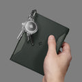 AFA08347 - Passport Holder in military green showing the front with carabiner attached for airtag and keys