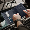 AFA08721 - Passport Holder in Navy Blue showing the whole inner with slots for cards, passport, sim cards and pin ejector