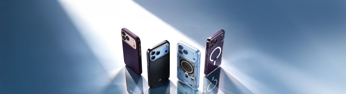 Four Spigen iPhone cases standing side by side in dramatic lighting: a purple silicone case, a black carbon fiber case, a light blue translucent case, and a deep purple clear case with MagSafe ring